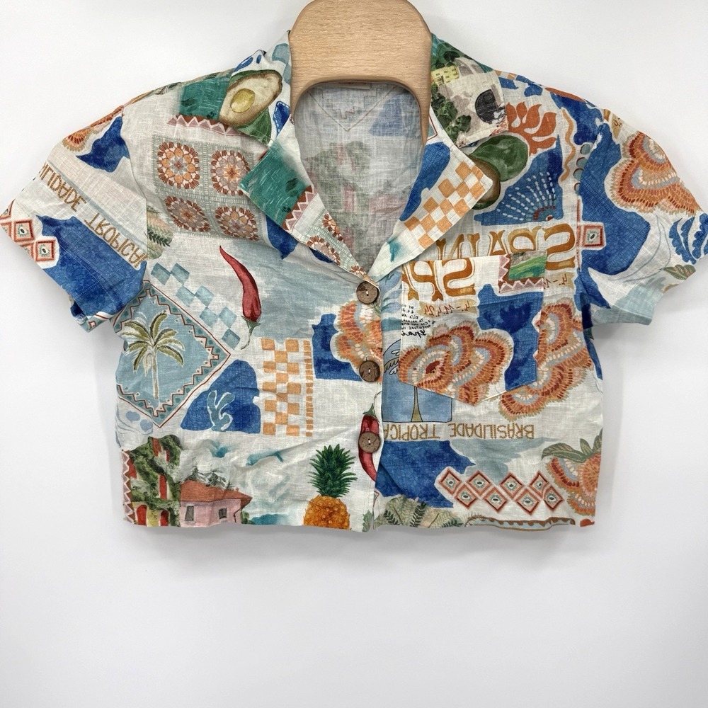 Bellambra Shirt Womens S Multicolor Spain Tropical Postcard Italy Cropped Top